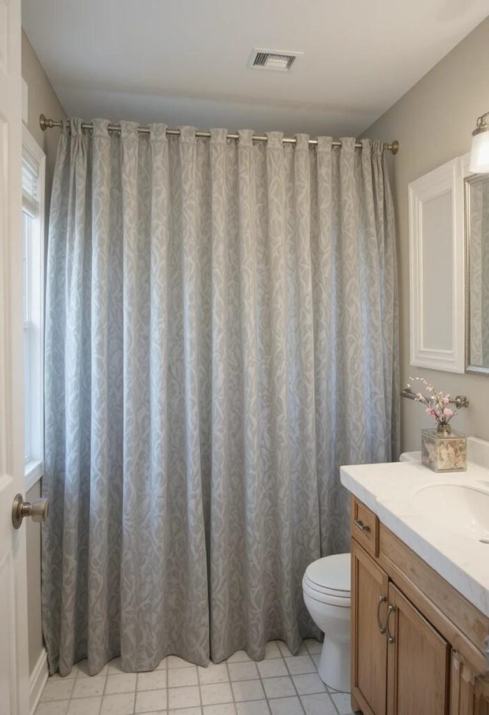 Extra long shower curtain hung high for ceiling illusion