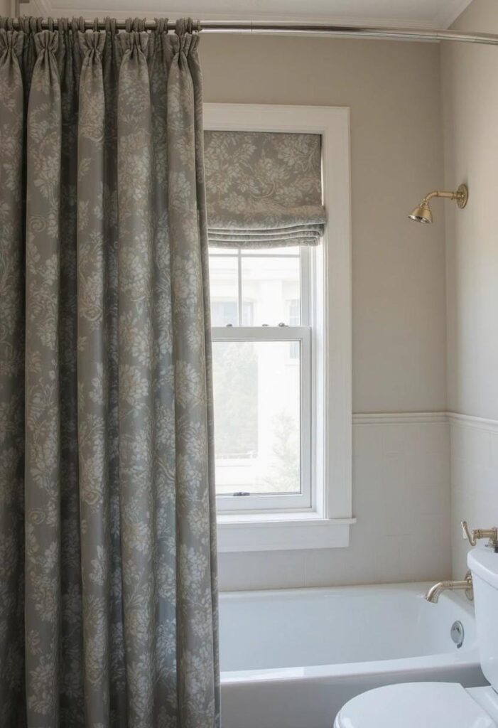 A bathroom featuring a coordinated window curtain and shower curtain in the same soft color palette, cohesive and intentionally designed styled look.
