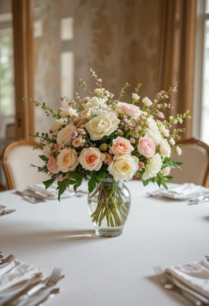 Low floral centerpiece on round dining table