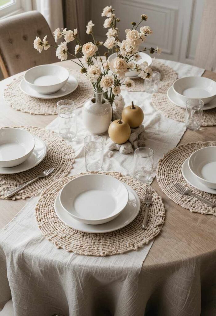 Layered linen runner and placemats on round table