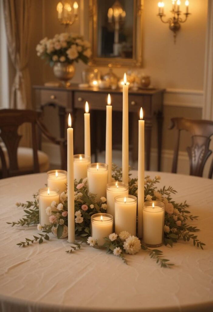 Mixed height ivory candles on round dining table