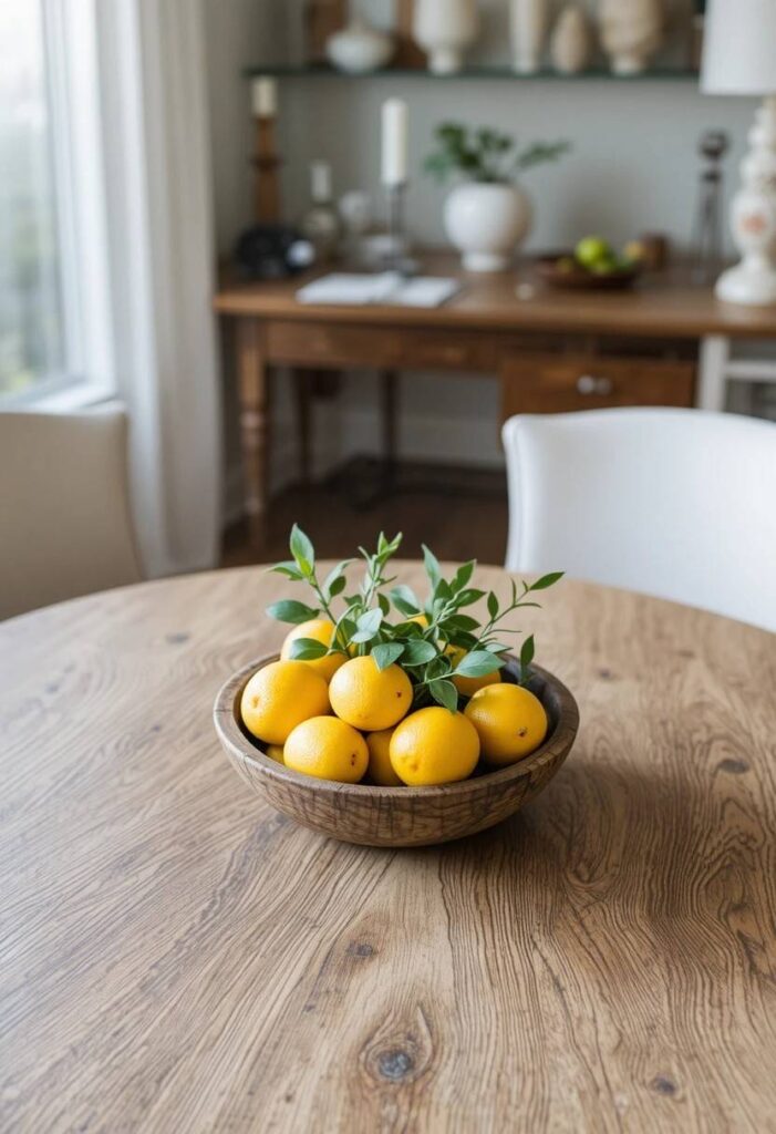 Wooden bowl centerpiece with lemons on dining table