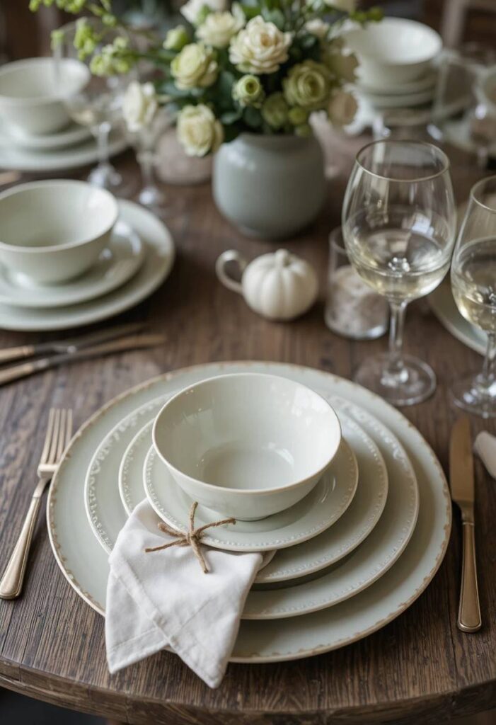 Coordinated dinnerware stack on round dining table