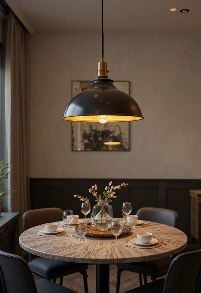 Statement pendant light above round dining table