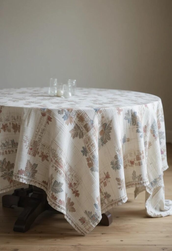 Patterned tablecloth draped on round dining table