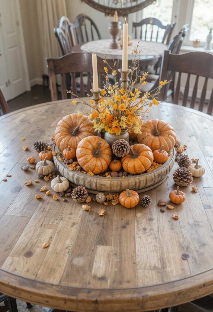 Seasonal decor accents on round dining table