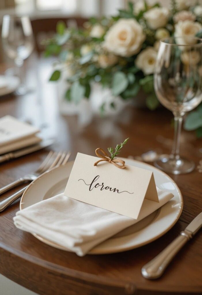 Handwritten place card on dining table setting