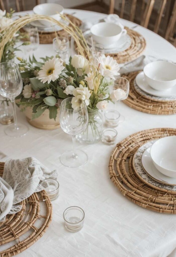 Woven rattan charger plates on dining table setting