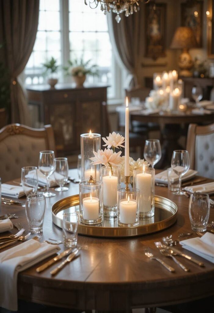 Mirror tray centerpiece base on dining table