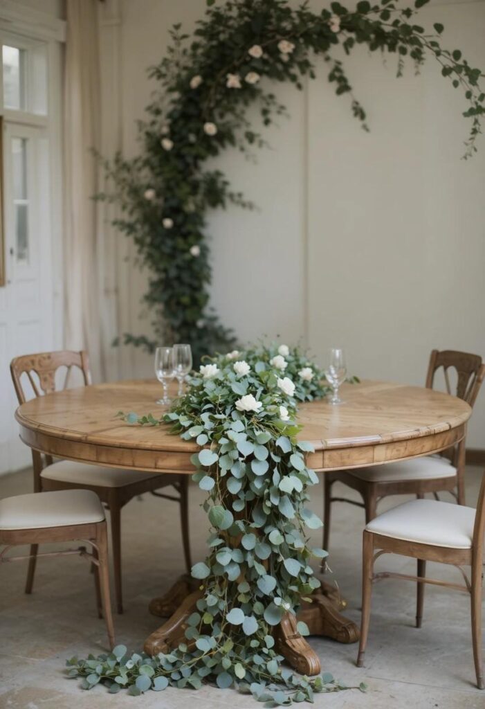 Trailing eucalyptus greenery on round dining table