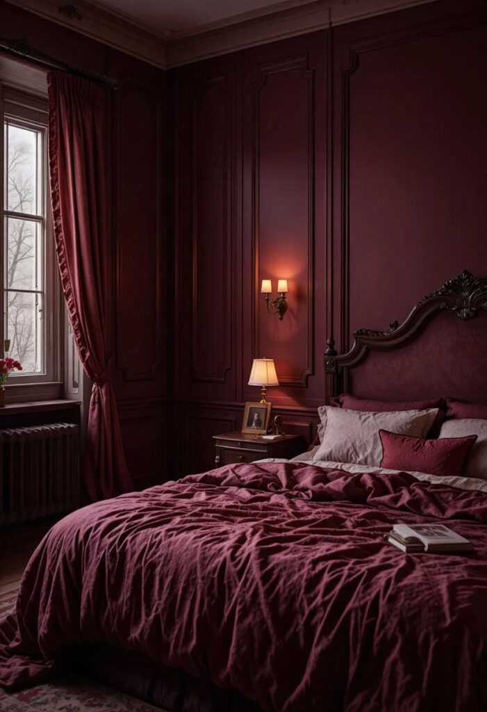 Deep burgundy walls in dark feminine bedroom