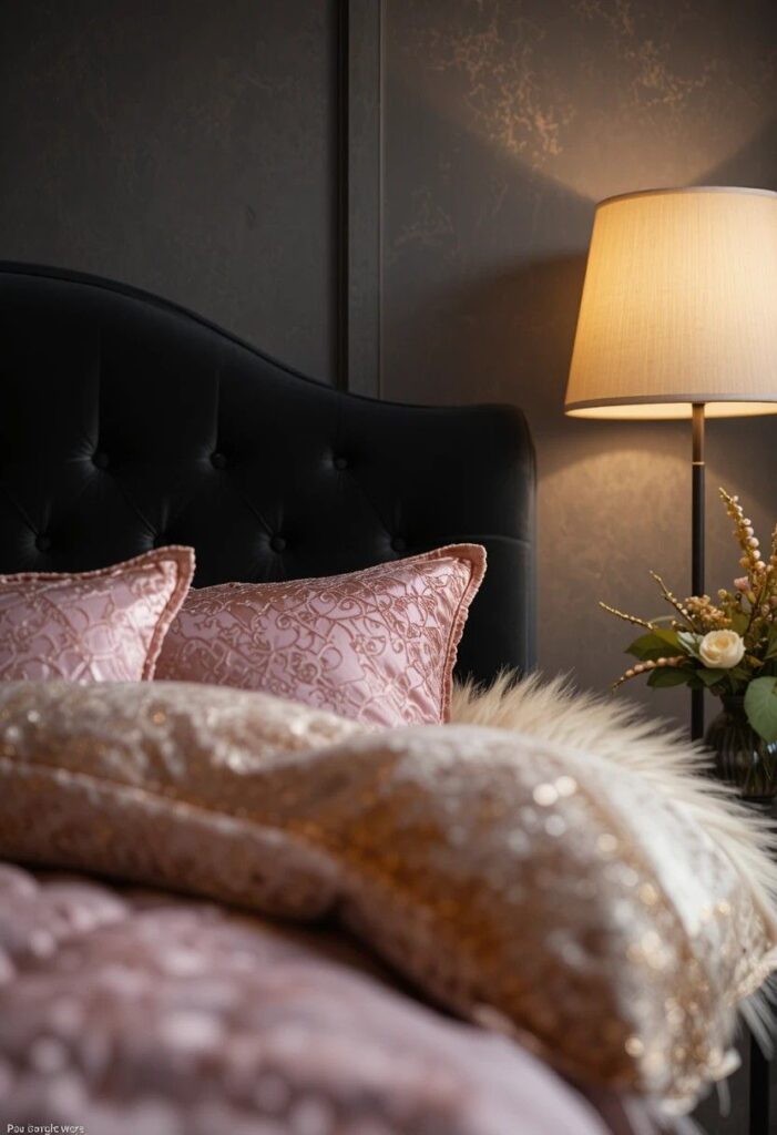 Curved black velvet headboard in moody bedroom