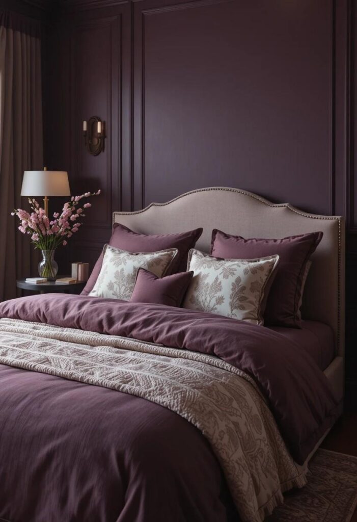 Moody bedroom featuring plum walls, mauve bedding, and soft cream accents for a romantic feminine look.