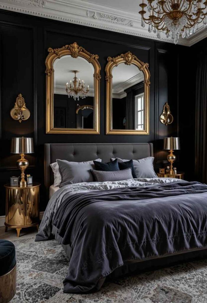 Dark bedroom with gold mirrors and metallic accents adding warmth and glamour to the feminine decor.