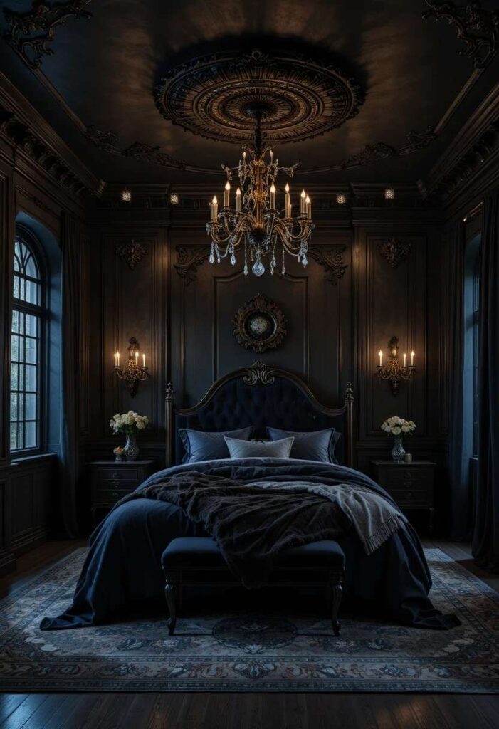 Dark feminine bedroom with a dramatic black ceiling, chandelier lighting, and cozy romantic ambiance.