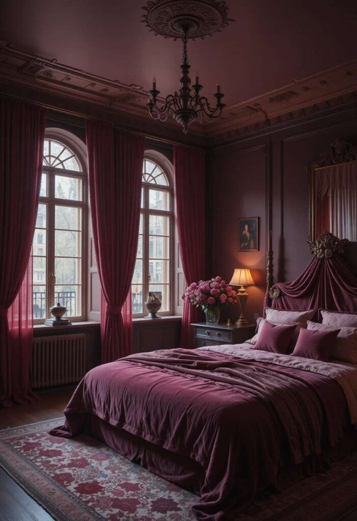 Bedroom with deep rose sheer curtains allowing soft light into a romantic dark feminine space.