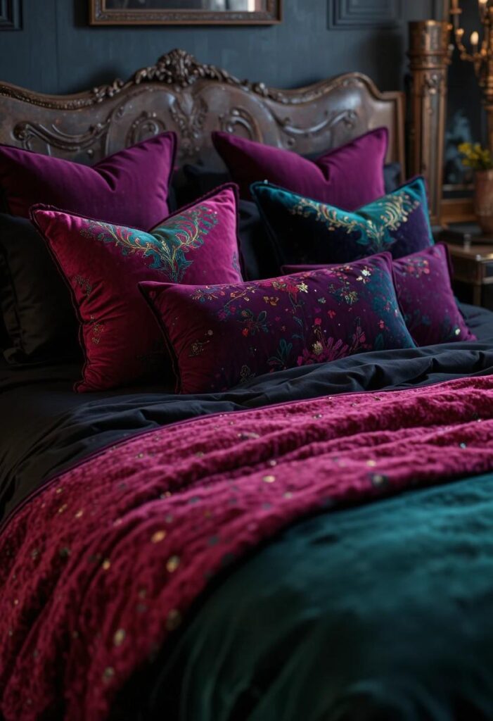 Dark feminine bed decorated with jewel toned velvet pillows in emerald, ruby, and sapphire shades.
