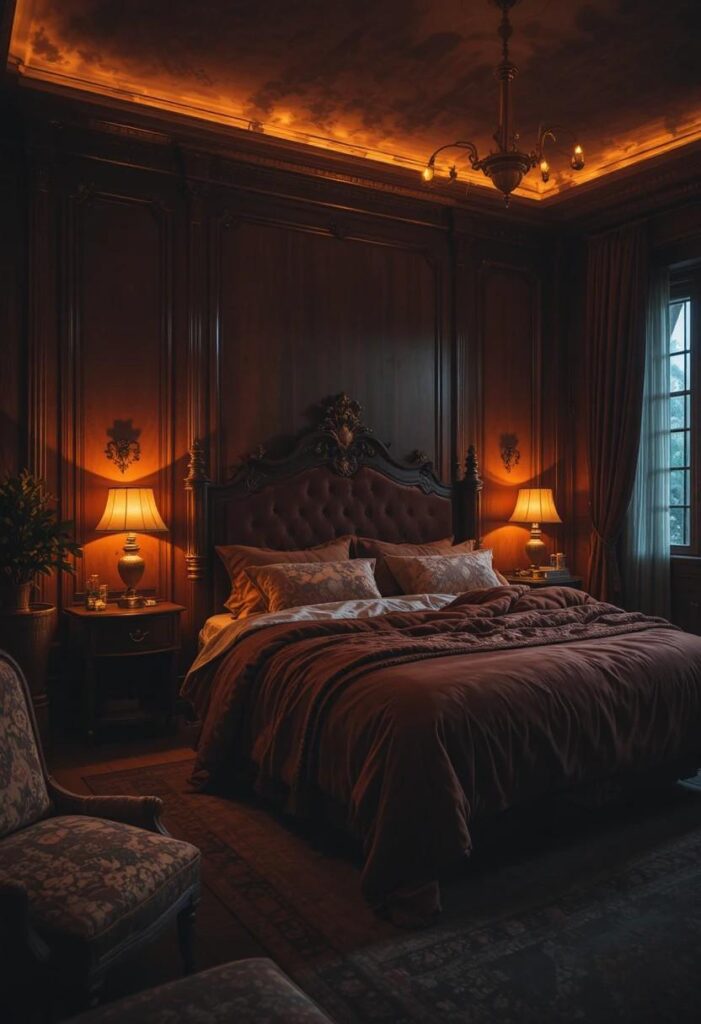 Dark feminine bedroom with warm amber lighting creating a cozy romantic atmosphere.