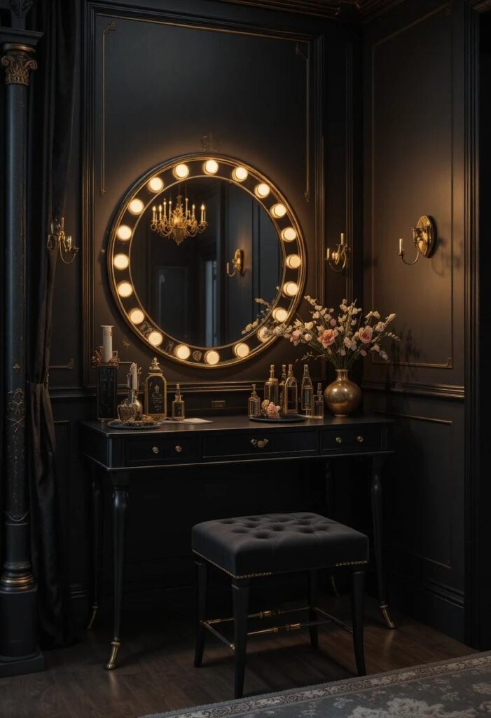 Elegant vanity corner with warm mirror lights, velvet stool, and dark feminine decor details.
