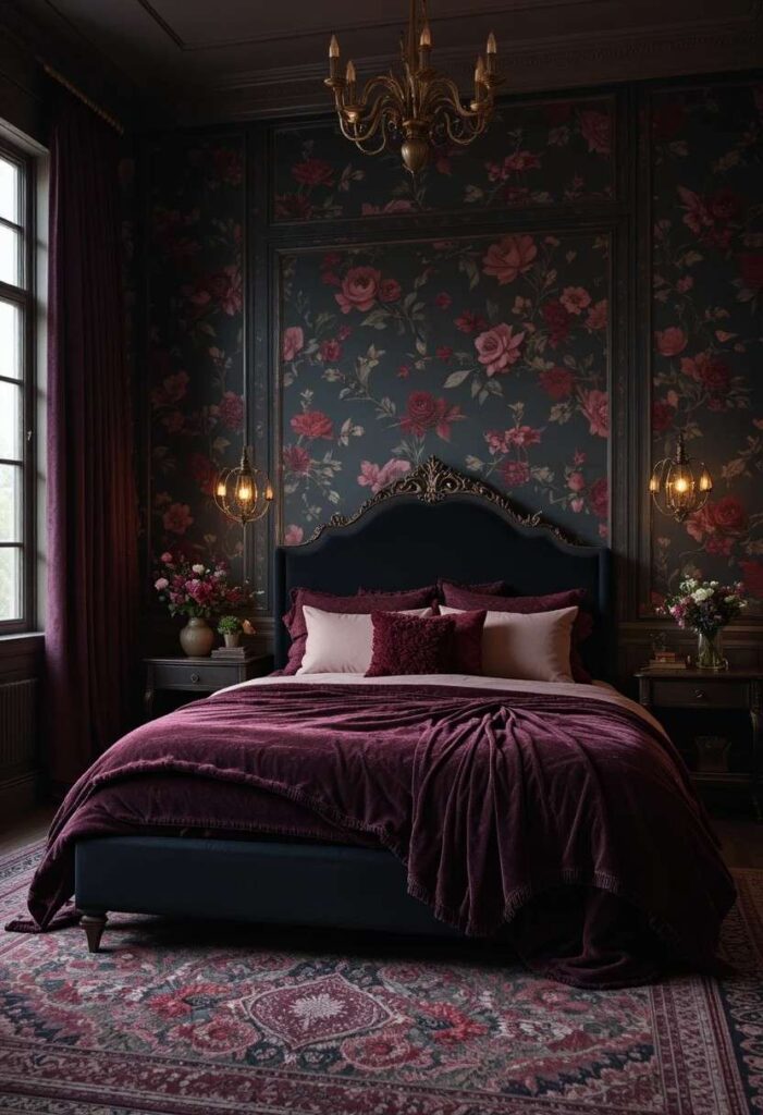 Dark floral wallpaper behind a velvet bed creating a dramatic romantic feminine bedroom.