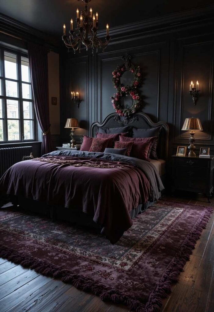 Bedroom with layered textured rugs in dark tones adding warmth and softness to the feminine decor.
