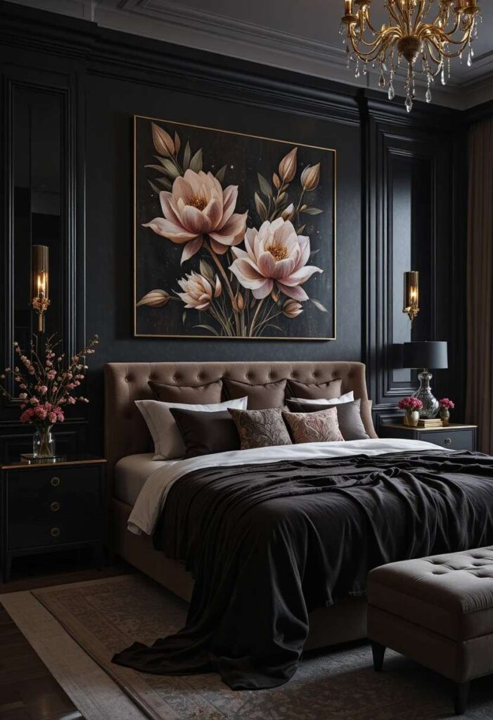 Bedroom with large moody floral artwork serving as the focal point in a dark feminine space.