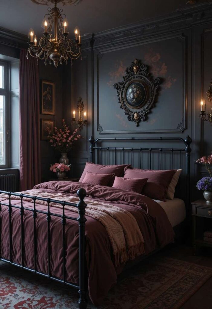 Dark feminine bedroom featuring a matte black metal bed frame with soft romantic bedding