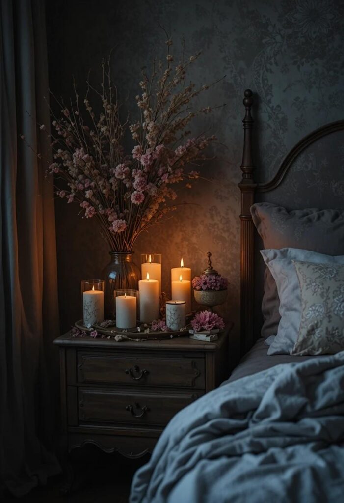 Candles and dried florals decorating a nightstand in a cozy dark feminine bedroom.