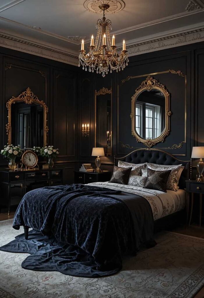 Dark feminine bedroom with mixed gold and black metal accents creating elegant contrast and depth.