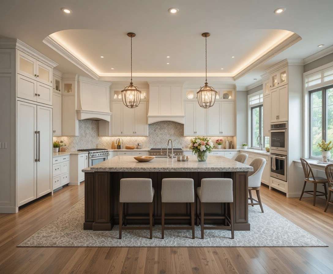 Luxury modern kitchen with open layout, center island, and elegant design features.