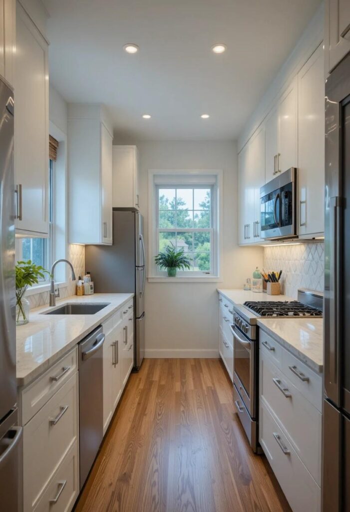 Modern galley kitchen with parallel counters and efficient compact layout.