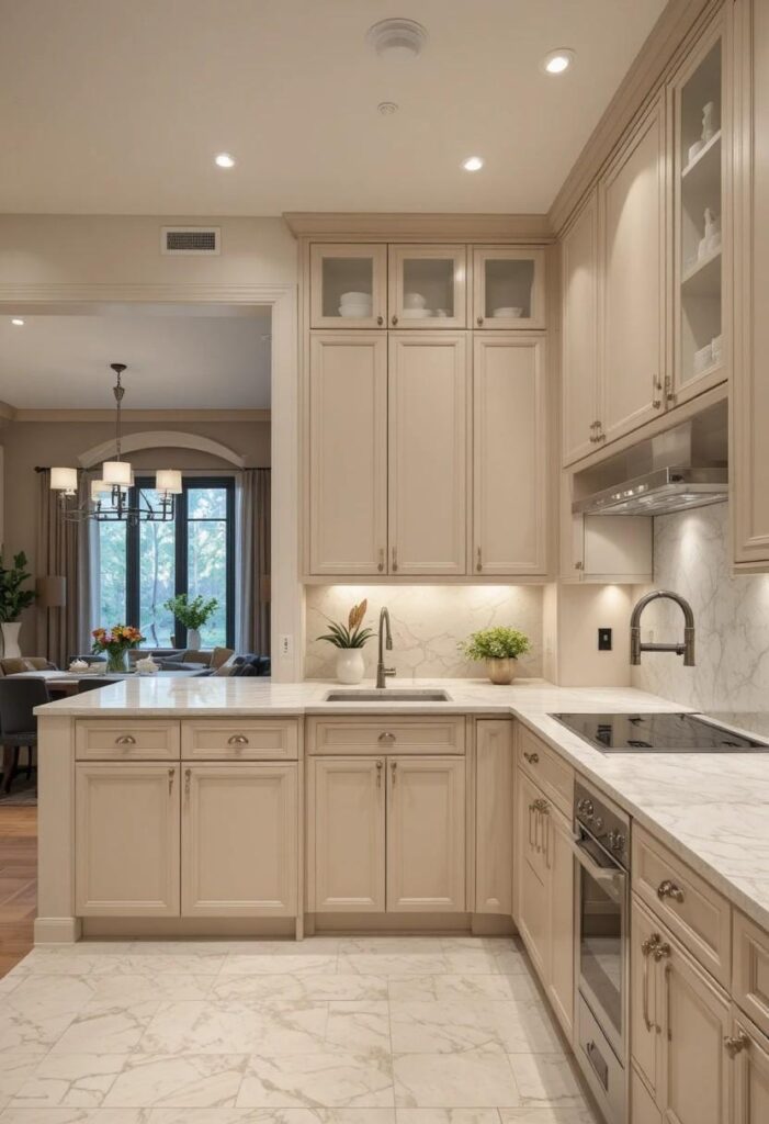 Elegant L-shaped kitchen with corner sink and open dining space.