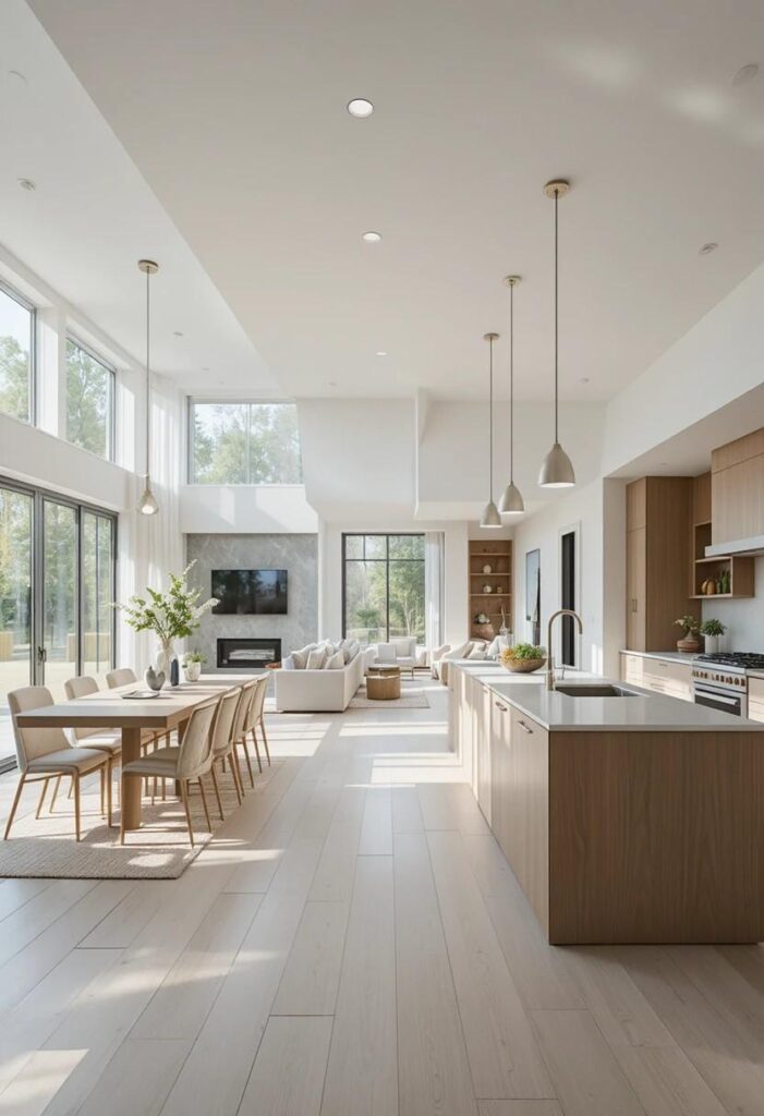 Bright open concept kitchen connected to living and dining spaces.
