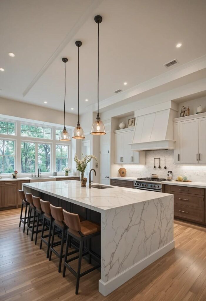Modern kitchen featuring a large multifunctional center island.
