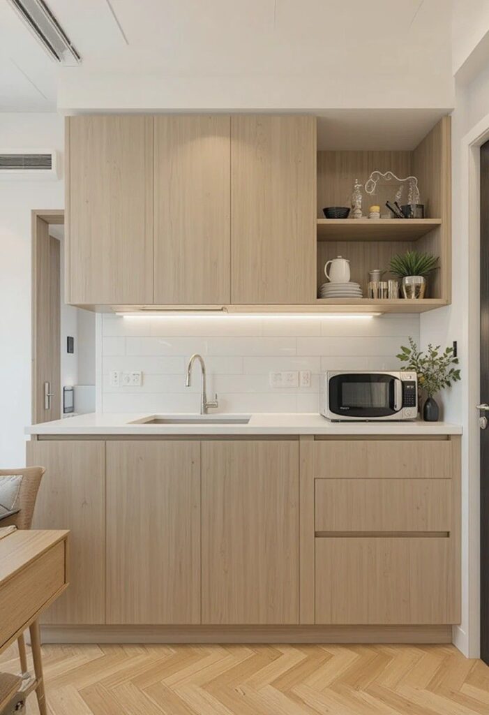 Compact one-wall kitchen designed for small modern apartments.