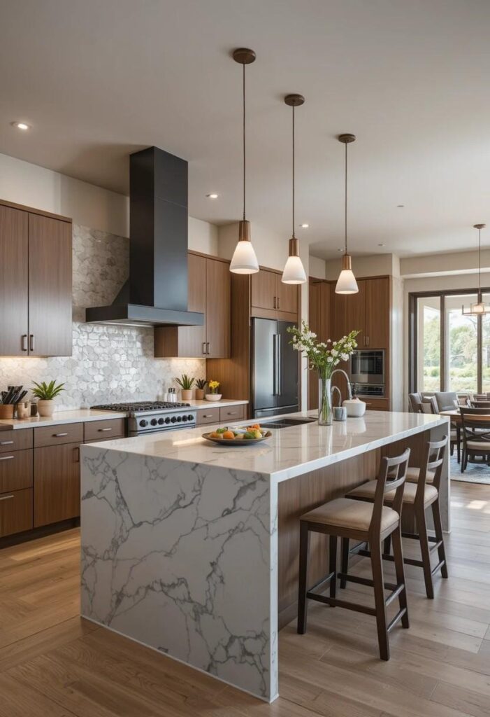 Kitchen with peninsula seating and open connected layout.