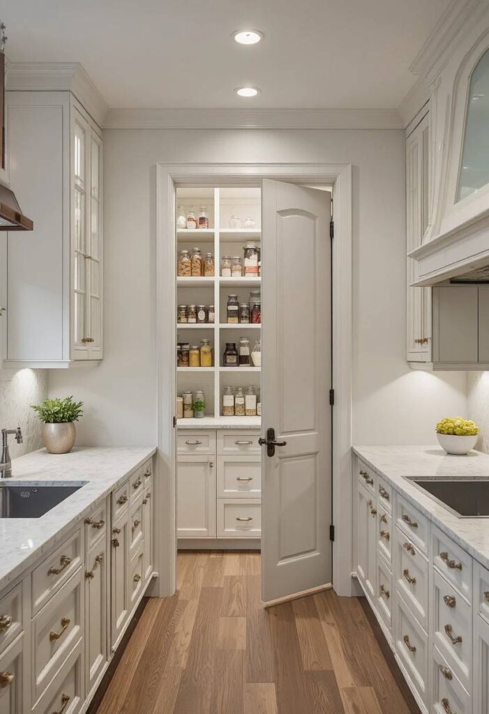 Modern kitchen with organized walk-in pantry storage space.