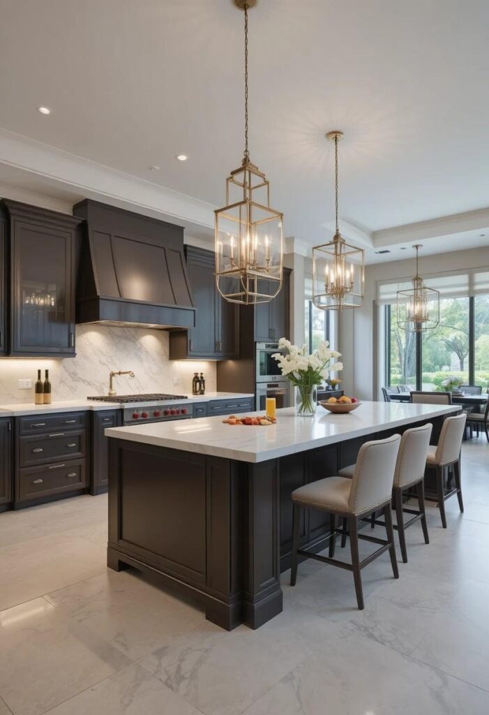 Luxury double island kitchen with separate prep and dining areas.