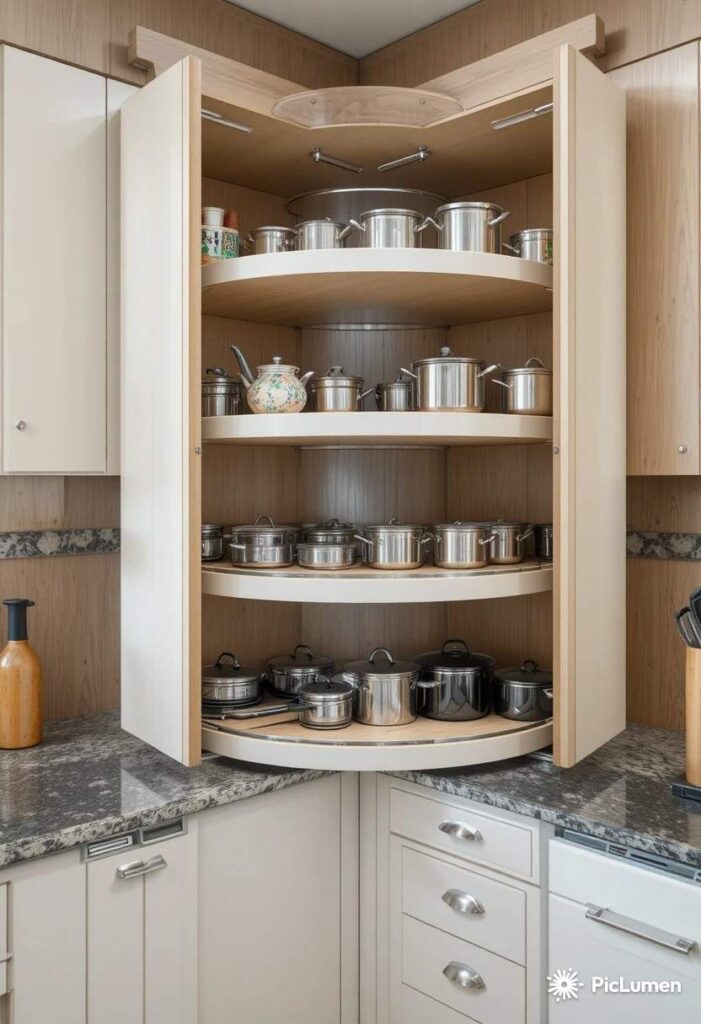 Corner kitchen storage solution with pull-out cabinets and organizers.
