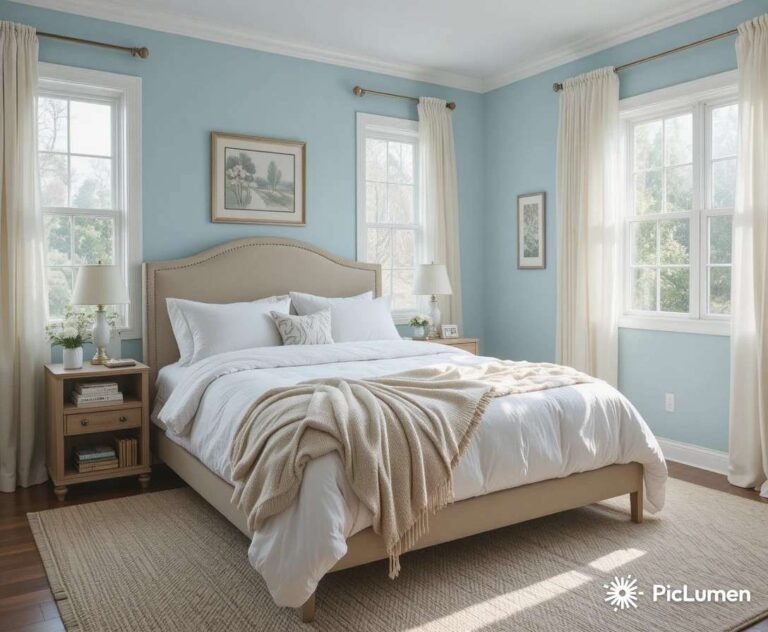Beautiful blue bedroom ideas with soft walls, white bedding and natural light for a calm and cozy feel