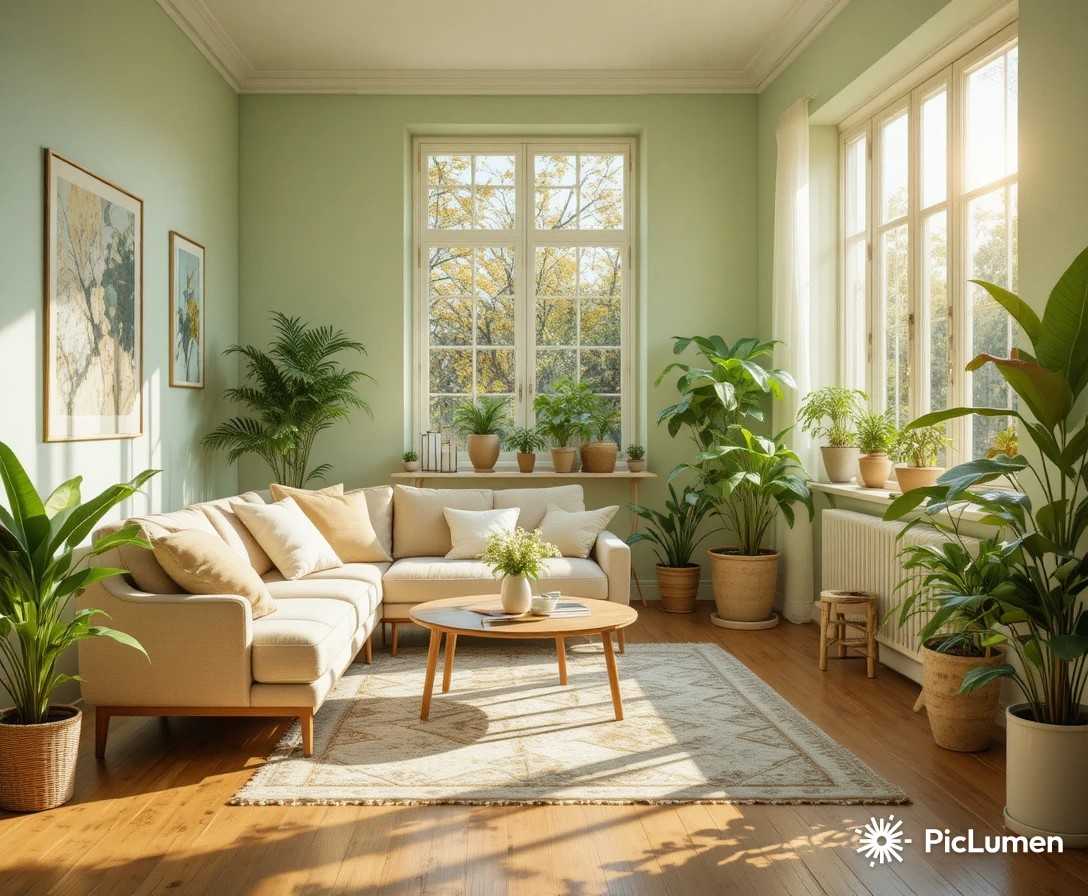 Green living room ideas with natural light, linen sofa and indoor plants