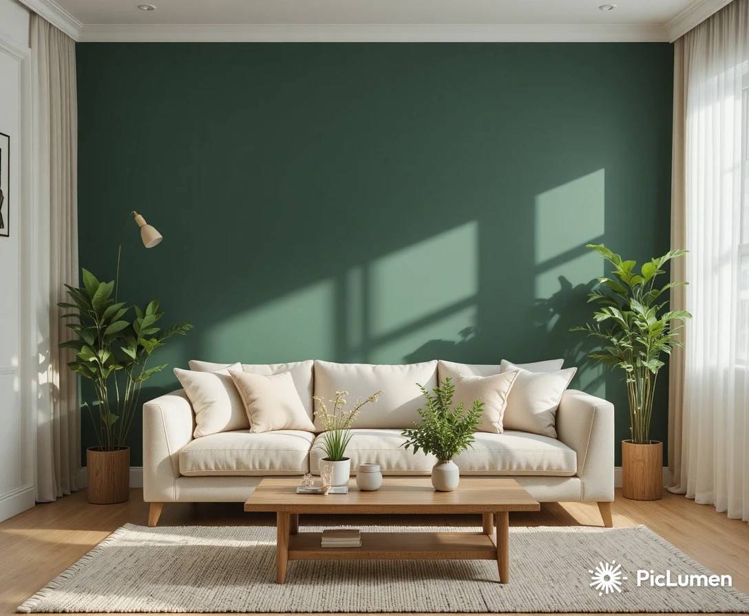 Living room accent wall ideas featuring a deep green painted wall behind a beige sofa with natural light