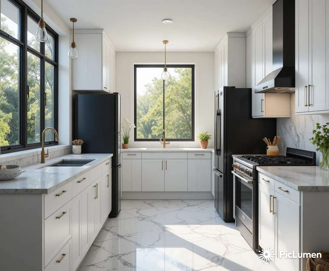 Beautiful kitchen with black appliances featuring white cabinets and marble countertops in a bright modern setting