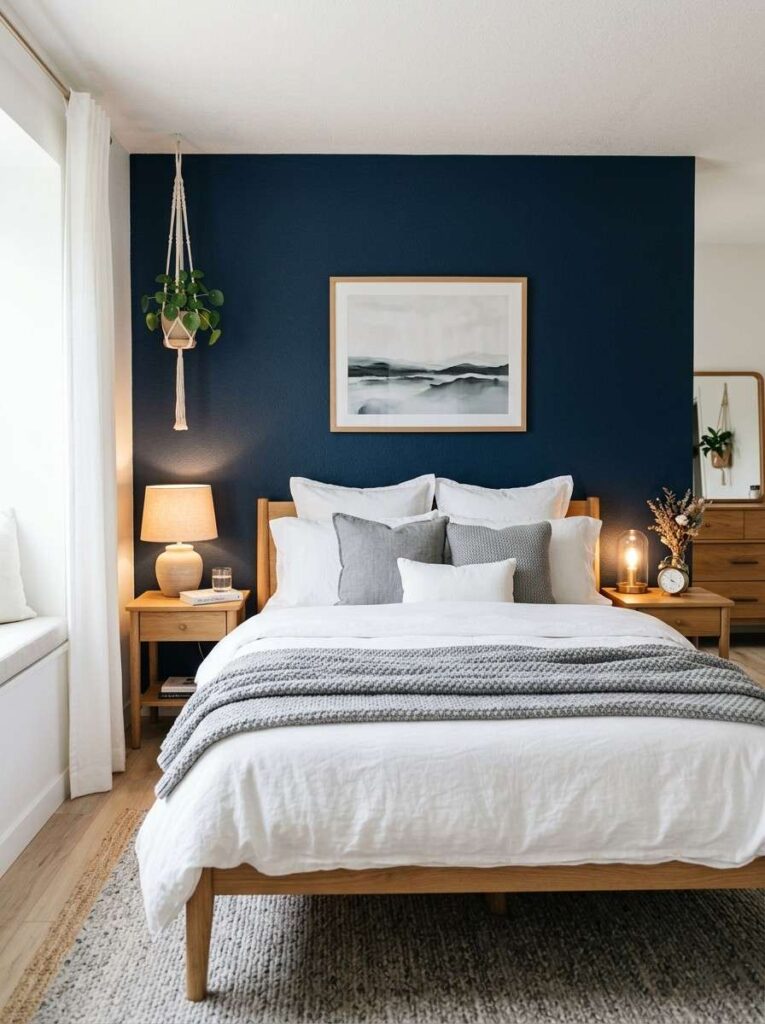 Navy blue accent wall behind bed with white walls white bedding grey throw pillows and wooden nightstand in a stylish bedroom