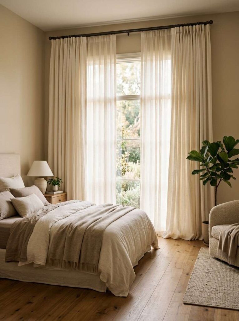 Floor to ceiling cream linen curtains hung high filtering soft morning light in couples bedroom