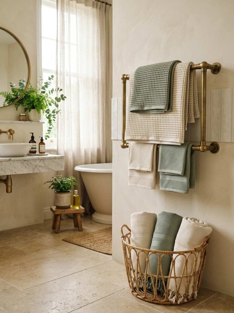 Waffle weave cream towels on rail and rolled Turkish cotton towels in wicker basket in luxury bathroom