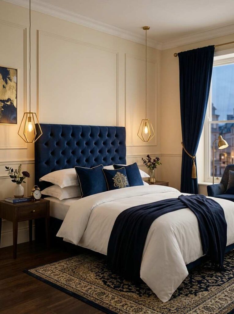 Navy blue velvet headboard bedroom with cream walls gold lighting white bedding and rich jewel like textures for a luxury feel