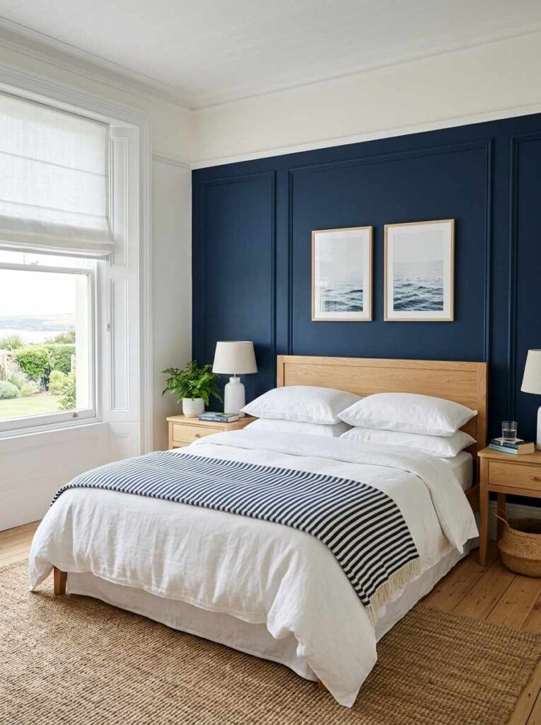 Navy blue and white bedroom with white trim linen bedding navy stripe throw and natural wood accents in a classic fresh style