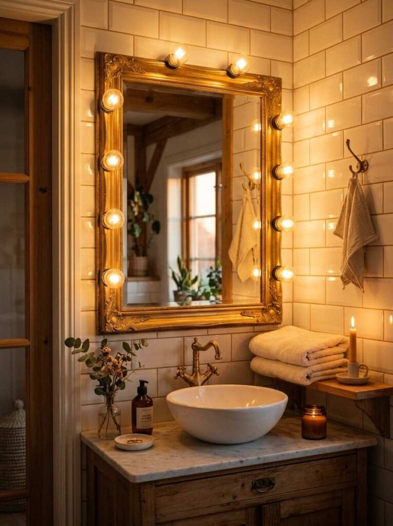 Warm glowing bathroom vanity lights around gold mirror with candle and cream towels