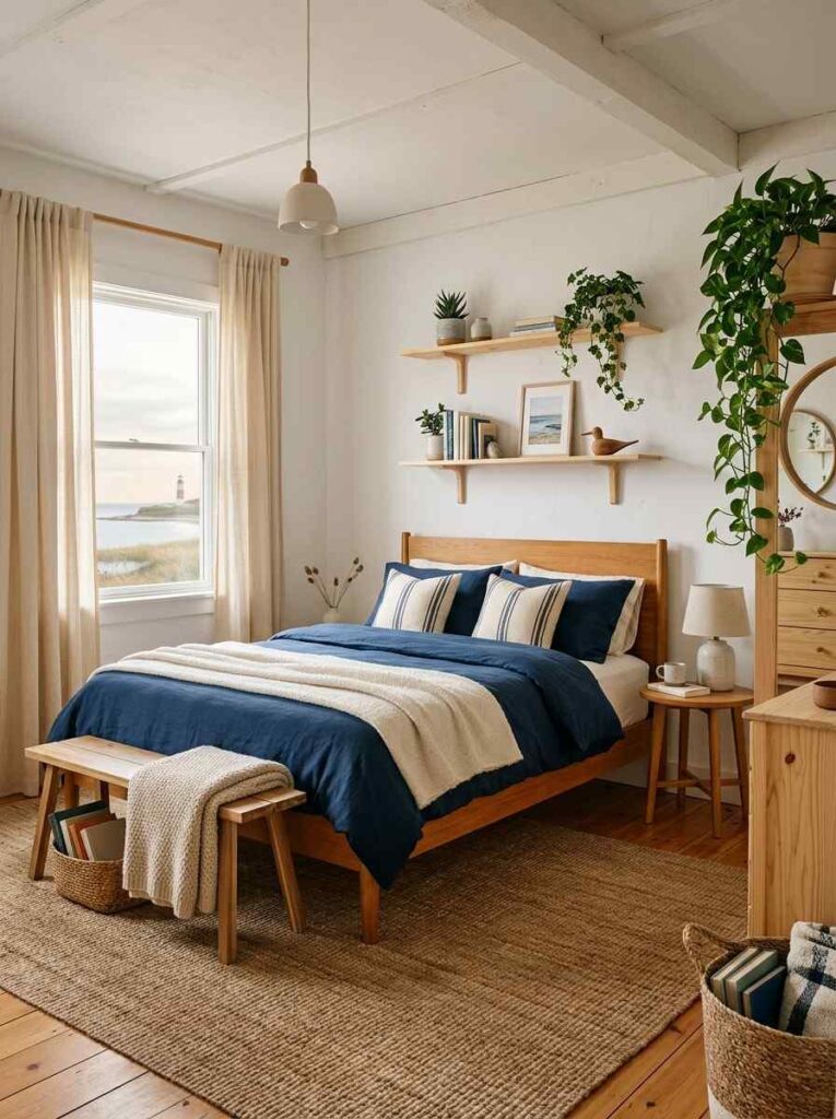 Navy blue bedroom with honey oak wooden furniture jute rug cream linen curtains and trailing plants in a cozy organic style
